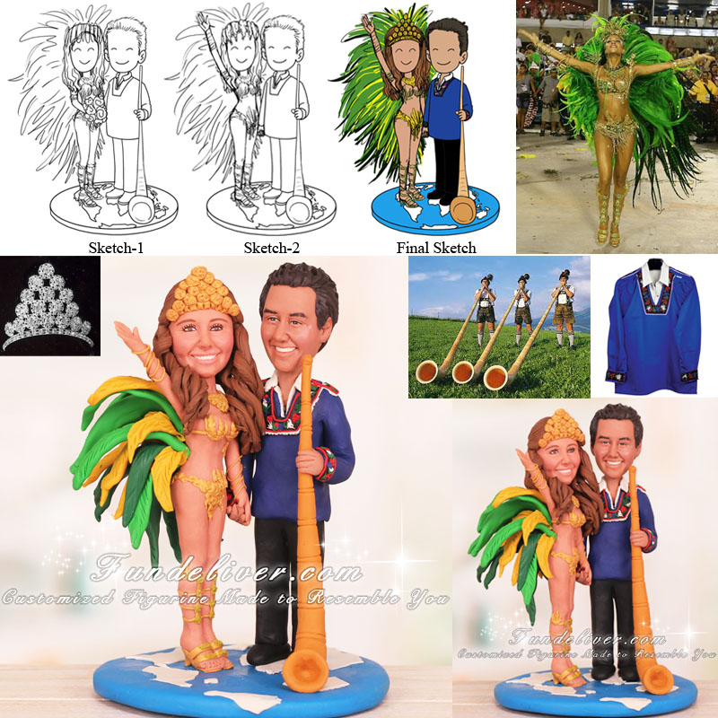 Couple in Traditional Dress of Brazil and Switzerland Cake Toppers